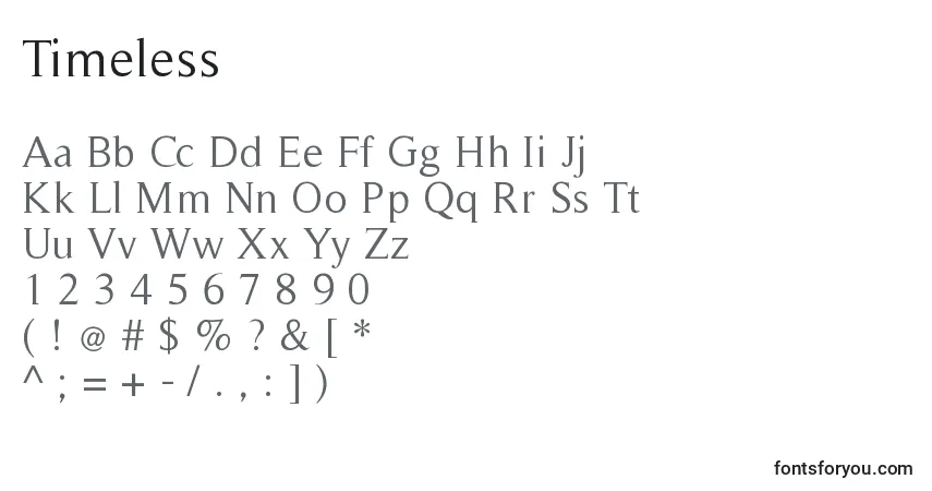 Czcionka Timeless – alfabet, cyfry, specjalne znaki