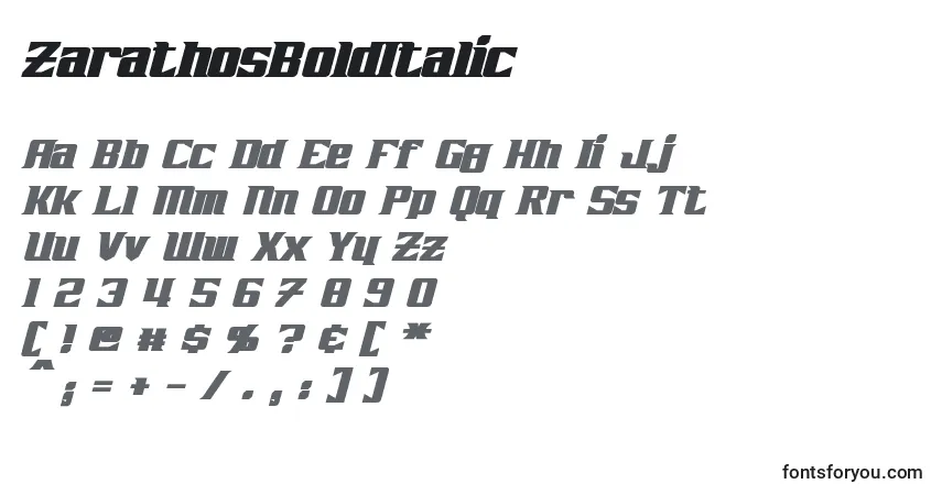 Schriftart ZarathosBoldItalic – Alphabet, Zahlen, spezielle Symbole