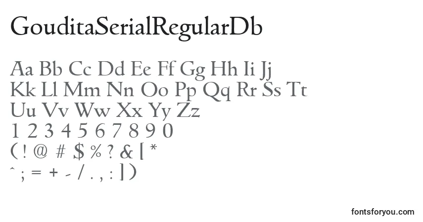 Czcionka GouditaSerialRegularDb – alfabet, cyfry, specjalne znaki