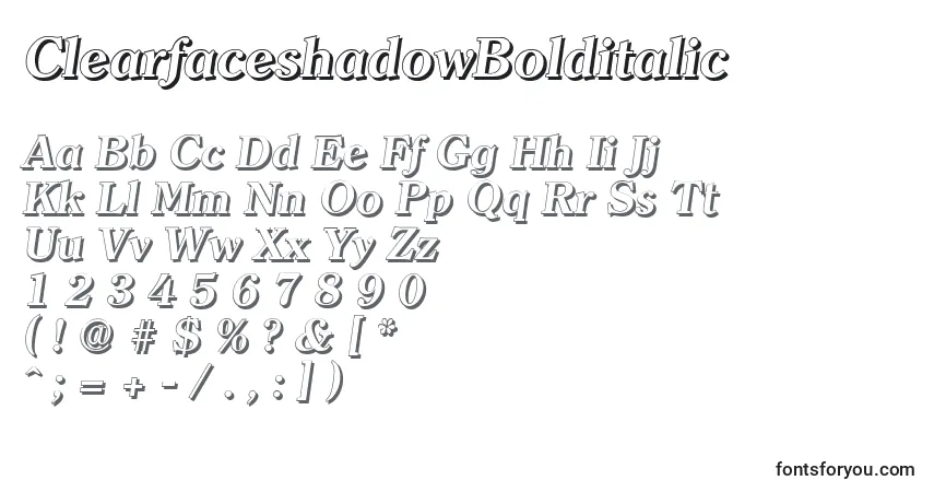 A fonte ClearfaceshadowBolditalic – alfabeto, números, caracteres especiais