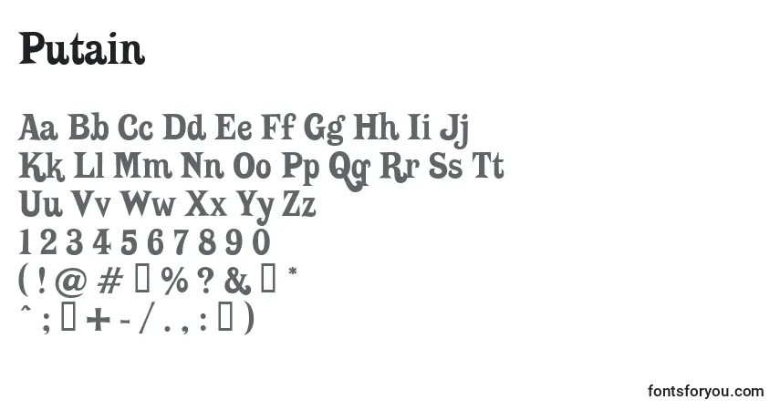 Schriftart Putain – Alphabet, Zahlen, spezielle Symbole