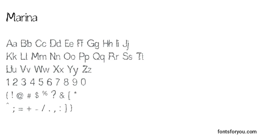 Czcionka Marina – alfabet, cyfry, specjalne znaki