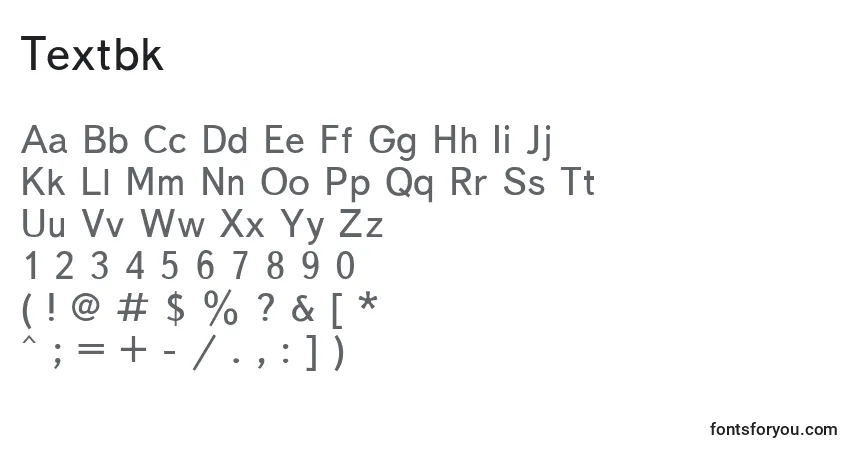 Schriftart Textbk – Alphabet, Zahlen, spezielle Symbole