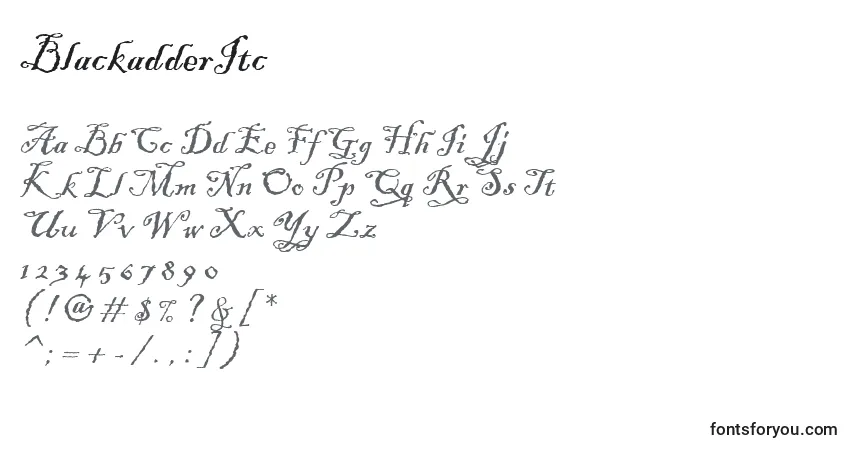 Czcionka BlackadderItc – alfabet, cyfry, specjalne znaki