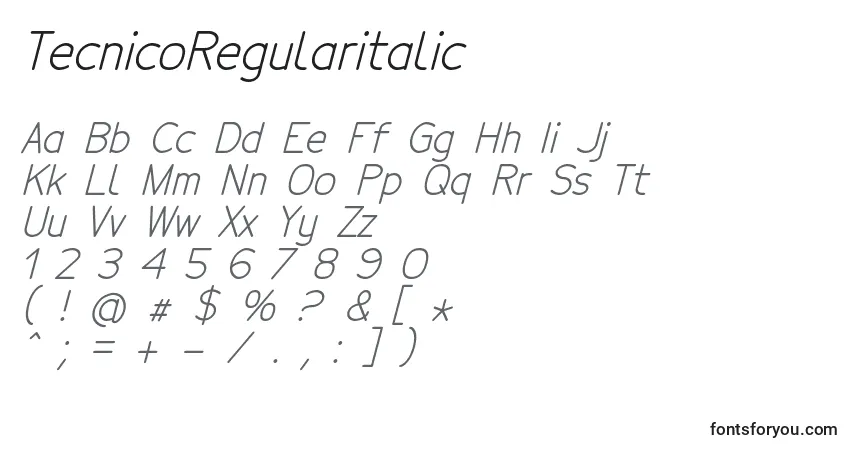 A fonte TecnicoRegularitalic – alfabeto, números, caracteres especiais