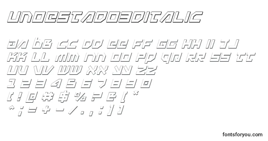 Schriftart UnoEstado3DItalic – Alphabet, Zahlen, spezielle Symbole