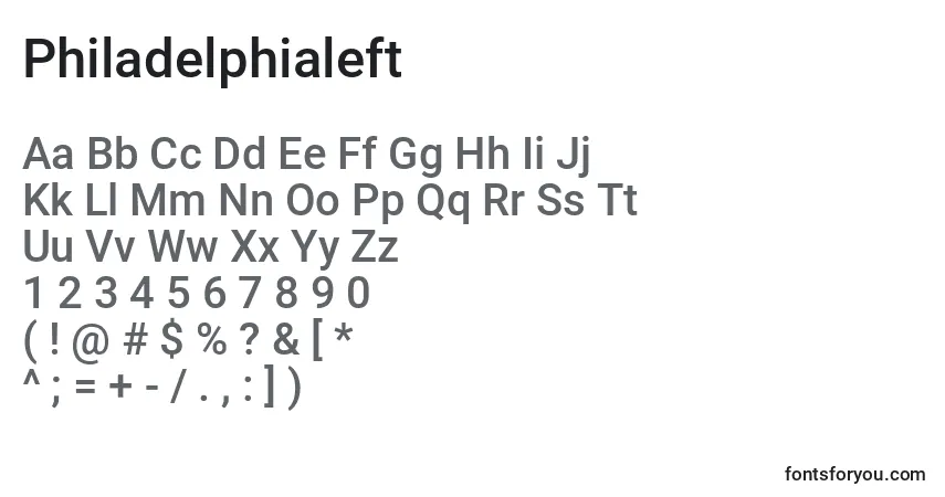 Czcionka Philadelphialeft – alfabet, cyfry, specjalne znaki