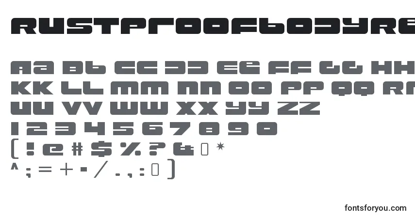 Schriftart RustproofbodyRegular – Alphabet, Zahlen, spezielle Symbole