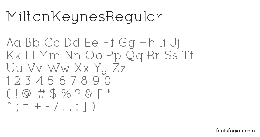 A fonte MiltonKeynesRegular – alfabeto, números, caracteres especiais