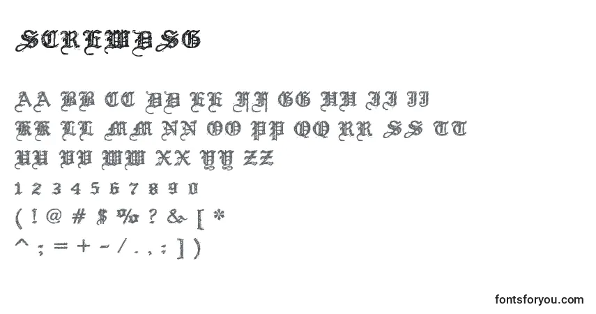 Czcionka ScrewDsg – alfabet, cyfry, specjalne znaki