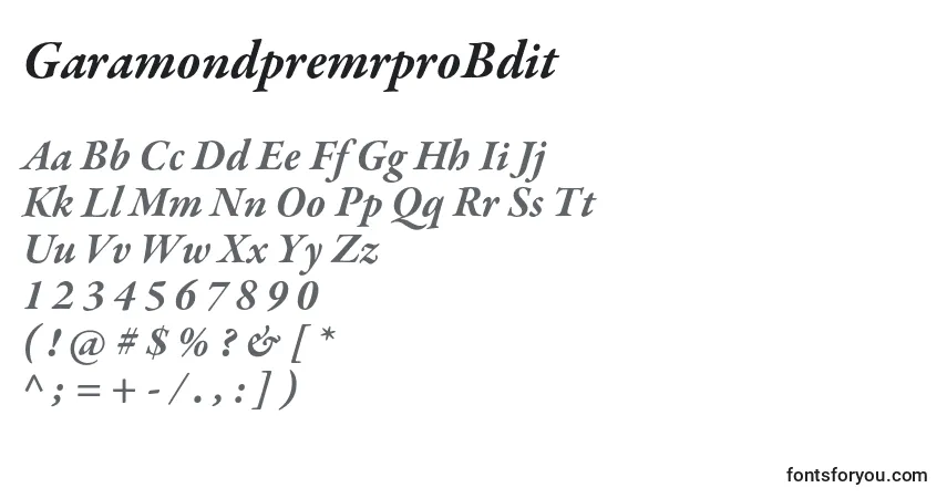 Czcionka GaramondpremrproBdit – alfabet, cyfry, specjalne znaki