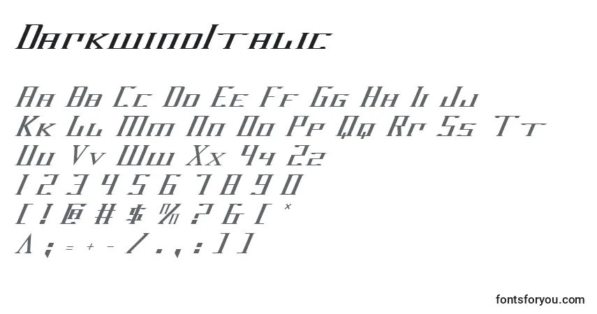 A fonte DarkwindItalic – alfabeto, números, caracteres especiais