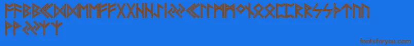 フォントFutharkAoeInline – 茶色の文字が青い背景にあります。