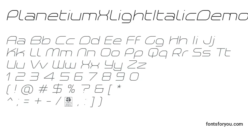 Schriftart PlanetiumXLightItalicDemo – Alphabet, Zahlen, spezielle Symbole