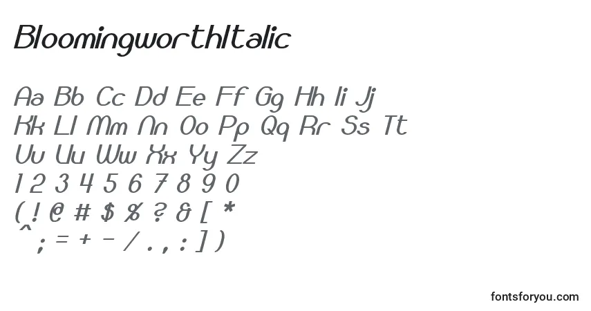 A fonte BloomingworthItalic – alfabeto, números, caracteres especiais