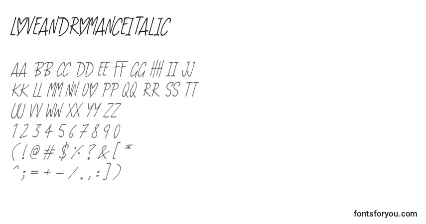 Czcionka LoveAndRomanceItalic – alfabet, cyfry, specjalne znaki