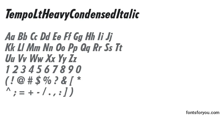 Шрифт TempoLtHeavyCondensedItalic – алфавит, цифры, специальные символы