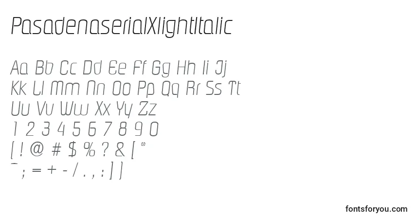 A fonte PasadenaserialXlightItalic – alfabeto, números, caracteres especiais