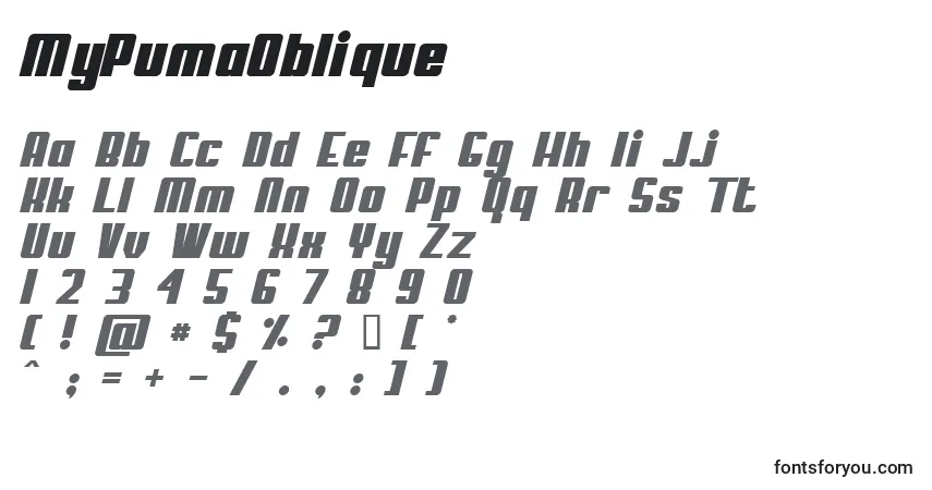 A fonte MyPumaOblique – alfabeto, números, caracteres especiais