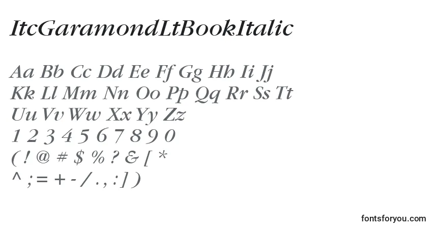 A fonte ItcGaramondLtBookItalic – alfabeto, números, caracteres especiais
