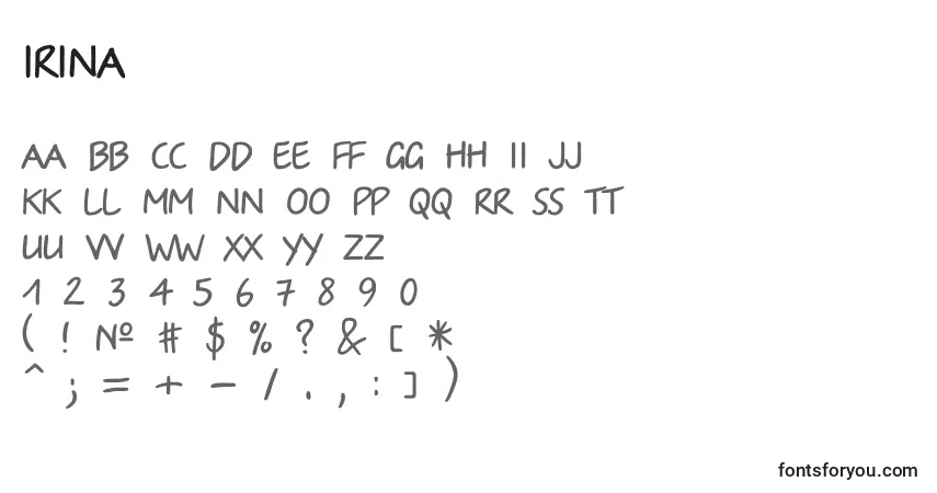 Czcionka Irina – alfabet, cyfry, specjalne znaki