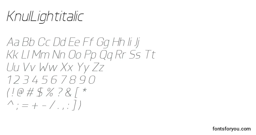 Шрифт KnulLightitalic – алфавит, цифры, специальные символы