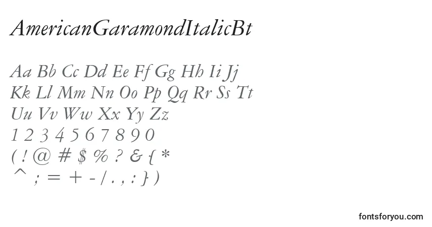 Шрифт AmericanGaramondItalicBt – алфавит, цифры, специальные символы