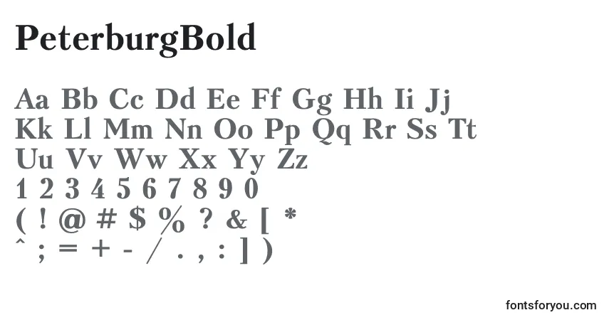A fonte PeterburgBold – alfabeto, números, caracteres especiais