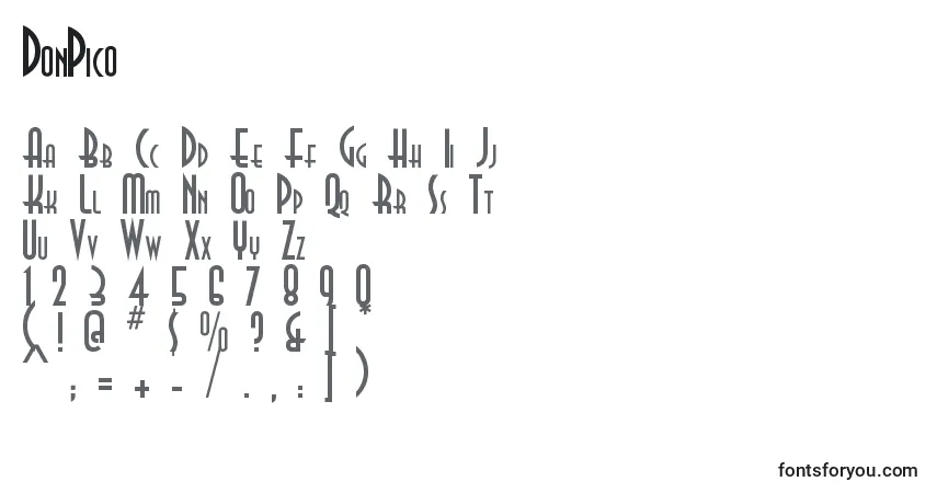 A fonte DonPico – alfabeto, números, caracteres especiais