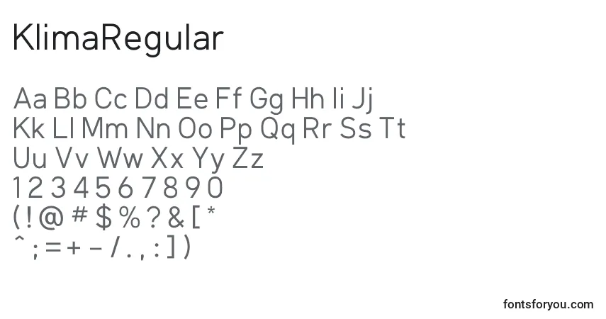 A fonte KlimaRegular – alfabeto, números, caracteres especiais