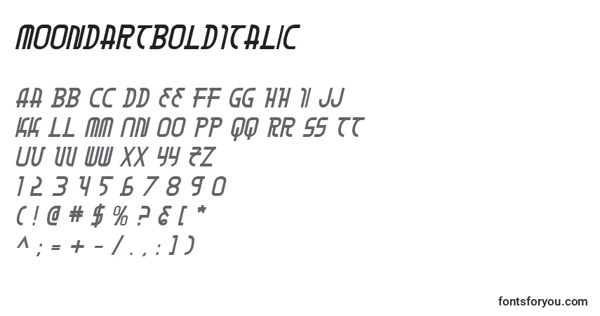 A fonte MoonDartBoldItalic – alfabeto, números, caracteres especiais