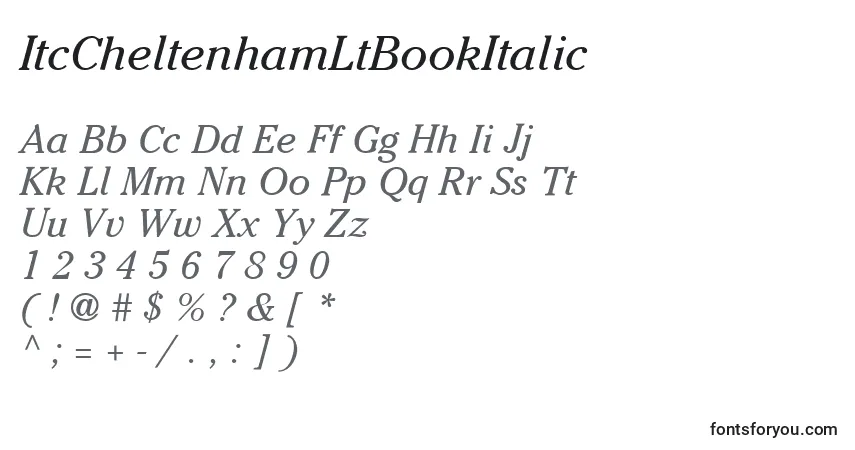Czcionka ItcCheltenhamLtBookItalic – alfabet, cyfry, specjalne znaki