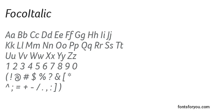 Шрифт FocoItalic – алфавит, цифры, специальные символы