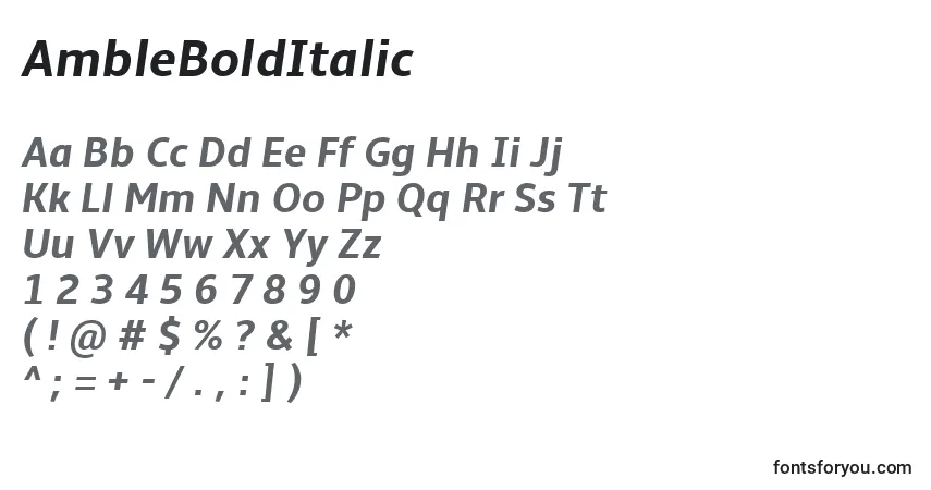 A fonte AmbleBoldItalic – alfabeto, números, caracteres especiais