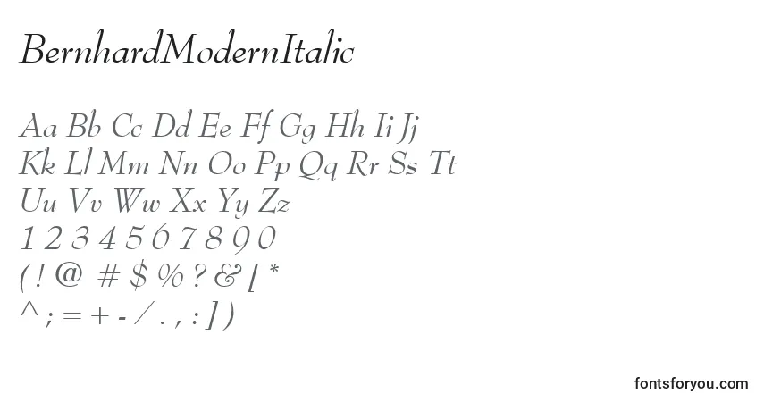 Czcionka BernhardModernItalic – alfabet, cyfry, specjalne znaki
