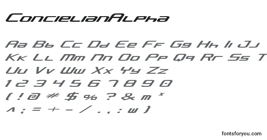 A fonte ConcielianAlpha – alfabeto, números, caracteres especiais