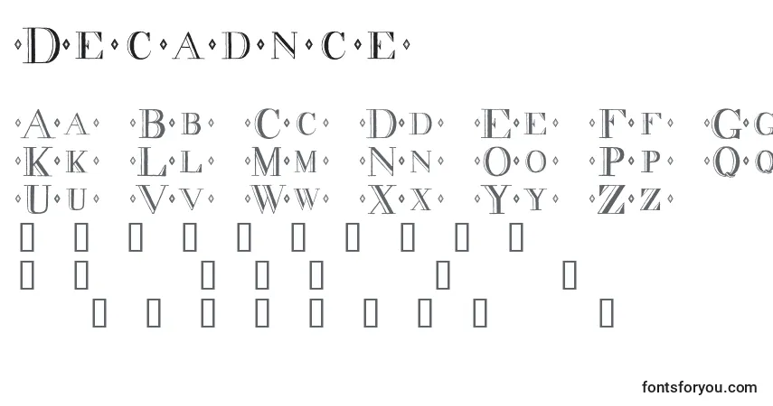 Czcionka Decadnce – alfabet, cyfry, specjalne znaki
