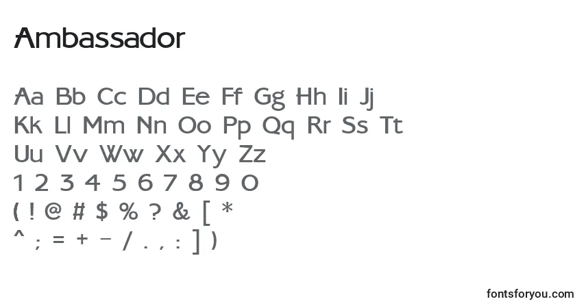 Czcionka Ambassador – alfabet, cyfry, specjalne znaki