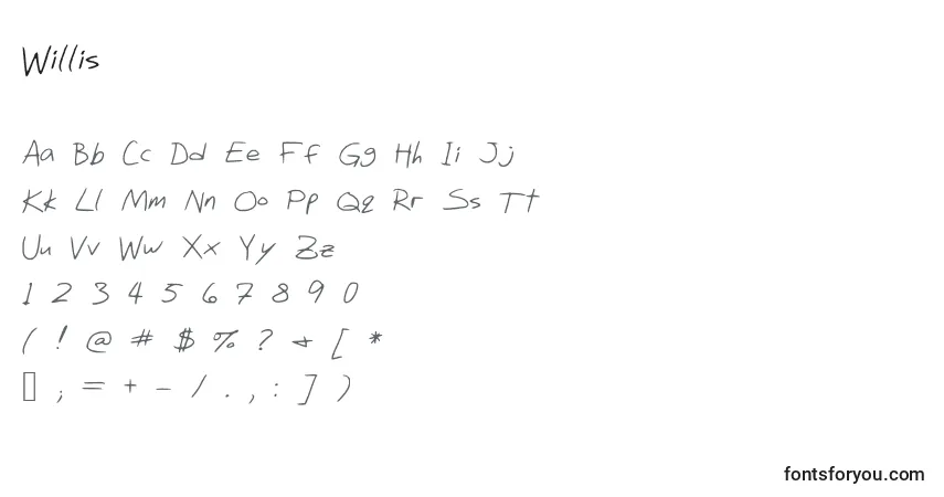 Czcionka Willis – alfabet, cyfry, specjalne znaki