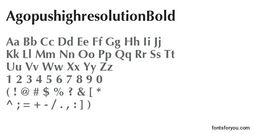 A fonte AgopushighresolutionBold – alfabeto, números, caracteres especiais