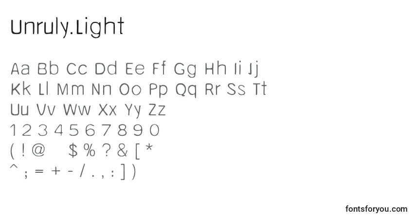 Czcionka Unruly.Light – alfabet, cyfry, specjalne znaki