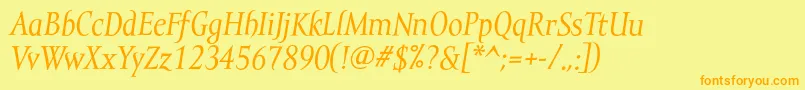 フォントMramortextItalic – オレンジの文字が黄色の背景にあります。