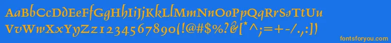 フォントDelphinltstd2 – オレンジ色の文字が青い背景にあります。