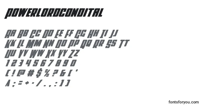 Schriftart Powerlordcondital – Alphabet, Zahlen, spezielle Symbole