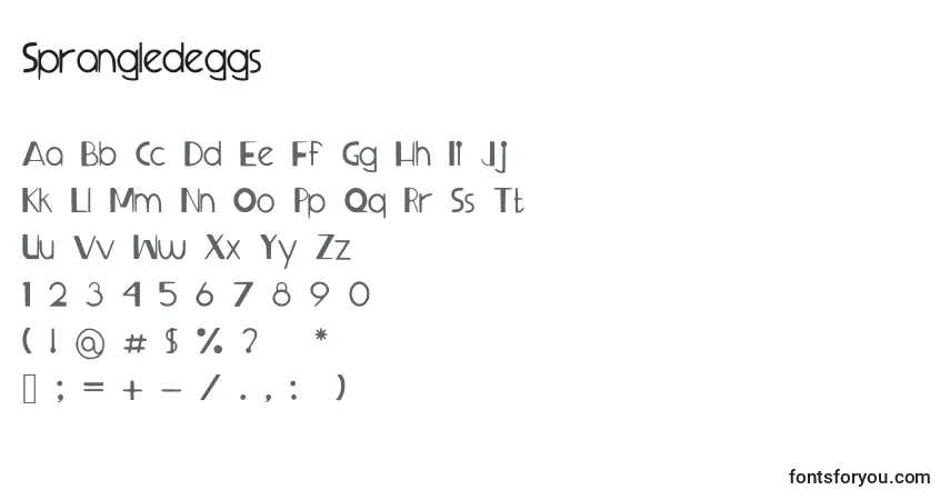 Czcionka Sprangledeggs – alfabet, cyfry, specjalne znaki