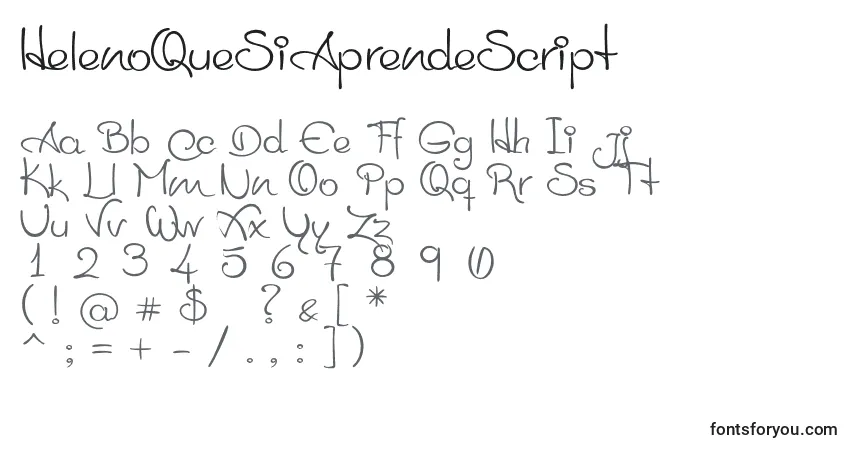 Czcionka HelenoQueSiAprendeScript – alfabet, cyfry, specjalne znaki