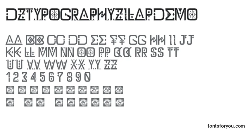 Czcionka DzTypographyZilapdemo – alfabet, cyfry, specjalne znaki