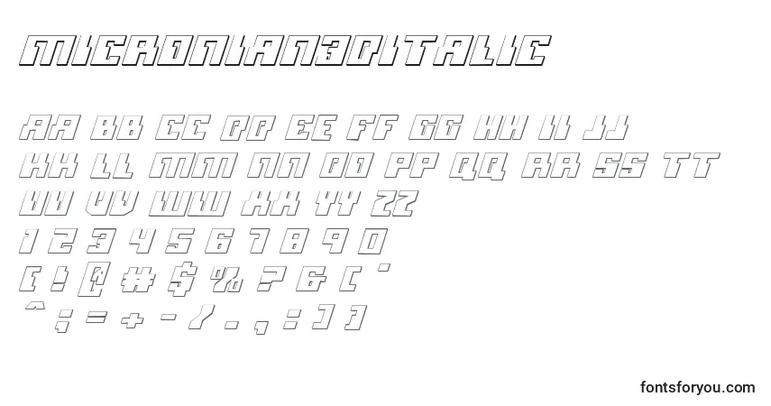 A fonte Micronian3DItalic – alfabeto, números, caracteres especiais