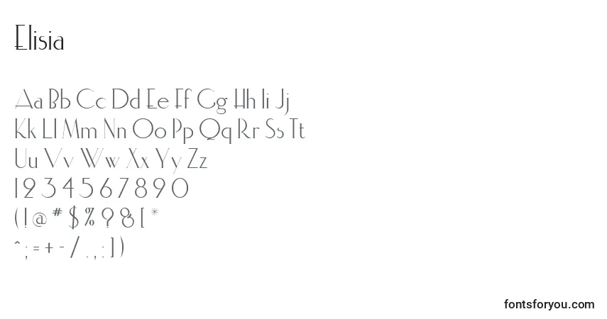 A fonte Elisia – alfabeto, números, caracteres especiais