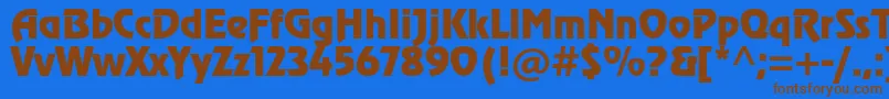 フォントRevuestd – 茶色の文字が青い背景にあります。